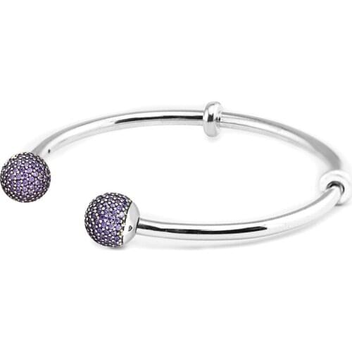 Open Cuff Bangle Pulseras 925 Sterling Silver Purple CZ Pave Ball Cap Charm Bangles Bracelets for Women Bijoux Femme