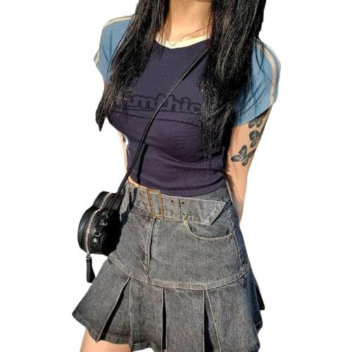 Y2K 2021 Womens Striped Raglan Crop Tops Short Sleeve Crew Neck Letter Pattern Slim Fit T-Shirt