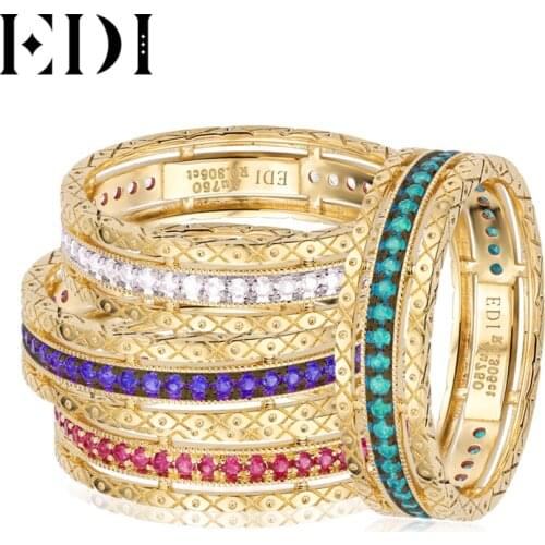 EDI 14K Yellow Gold Royal Stack Ring Natural Diamond Real Sapphire Ruby Emerald Gemstone Eternity Wedding Ring For Women
