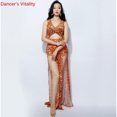 Belly Dance Practice Clothes Summer New Female Sexy Leopard Yarn Double Split One-Piece Dress Performance Clothing