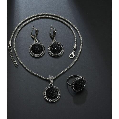 1 Set Black Round Rhinestone Necklace Earrings Ring Jewelry Set Bohemian Black Stone Wedding Fashion Jewelry Women