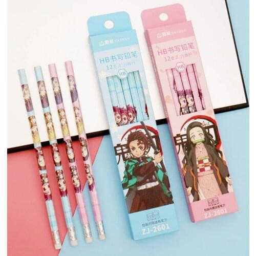 12Pcs Anime Demon Slayer Kimetsu No Yaiba Kamado Tanjirou Nezuko HB Standard Wooden Pencil Sketch Drawing Pencil Stationery Gift