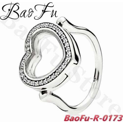 BaoFu 925 Sterling Silver Ring Shiny Glass Heart-shaped Floating Box Suitable for Gifting Original Ladies Jewelry