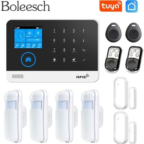 Wireless WiFi GSM home security alarm system with Alexa and Google compatible motion sensor detector and suitable for Tuya smart