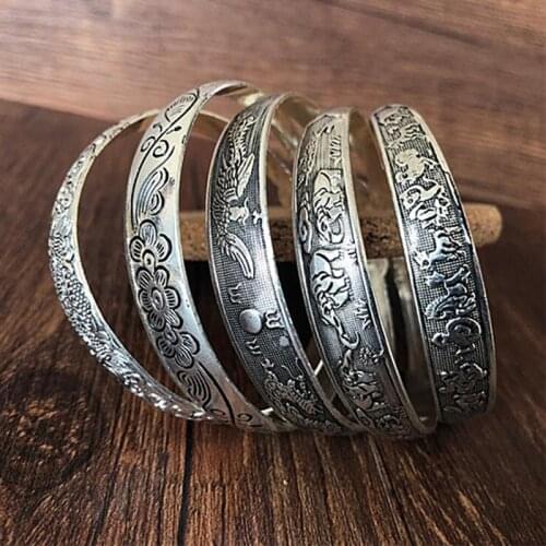 10 Styles Retro Opening Tibetan Totem Carved Bracelet Sliver Women Fashion Vintage Cuff Jewelry Bangle