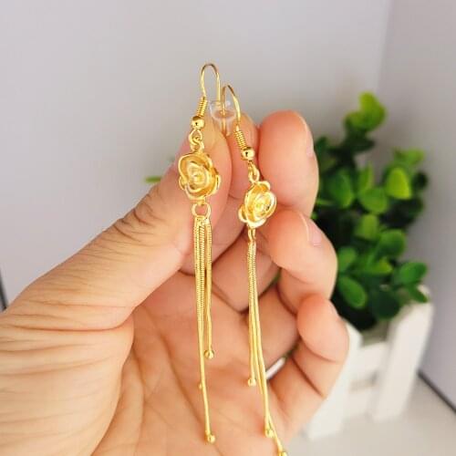 24K Gold Color Earrings Set For Women Flower Beads Tassel Long Earing Pendiente Brincos 2021 New Jewelry Accessories Party Gifts