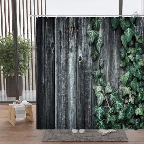 Wooden Door Shower Curtain Retro Wood Grain Board Graffiti Green Plant Ivy Leaves Bathroom Accessories Wall Hanging Set Decor