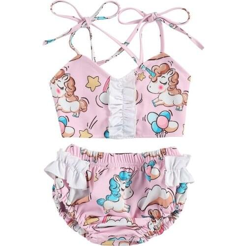 FOCUSNORM Summer Toddler Kids Baby Girl Bikini Sets Cartoon Print Sleeveless Strap Swimsuit Swimwear Swimming Bathing Suit