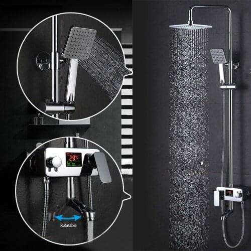 Chrome Shower Faucet Bath Shower Faucet System Anti Ironing Digital Temperature Display Shower Mixer Bathtub Swivel Spout