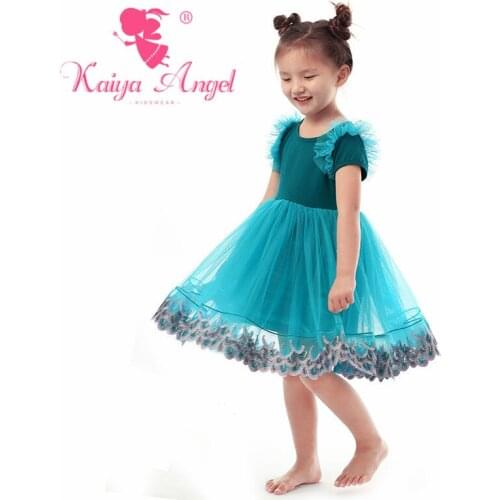 Kaiya Angel Factory Wholesale Sky blue Peacock Wool Gauze Lace Cotton Girl Clothes Princess Dress Summer Children Clothing