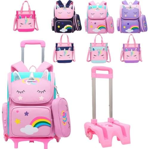 School Wheeled Backpack bag set for girls Trolley Bag with Wheels school Rolling Backpack Bags Kids Unicorn Bacpack Trolley Bag