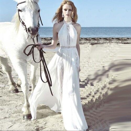 Women Fashion Elegant White Chiffon Patchwork Lace Halter Sleeveless Dress 2020 New Bohemian Beach Holiday Summer Long Dresses