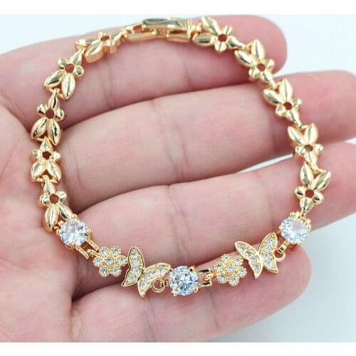 Gold Color AAA+ Cubic Zirconia Fashion Women Clear CZ Butterfly Charm Bracelet Jewelry