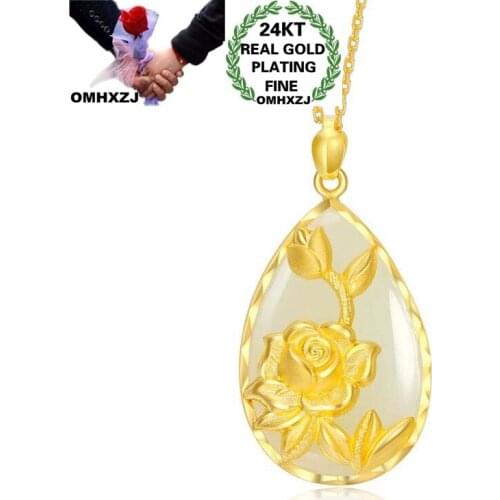 OMHXZJ Wholesale CA518 European Fashion Fine Woman Girl Party Birthday Wedding Gift Flower Water Drop 24KT Gold Pendant Charm