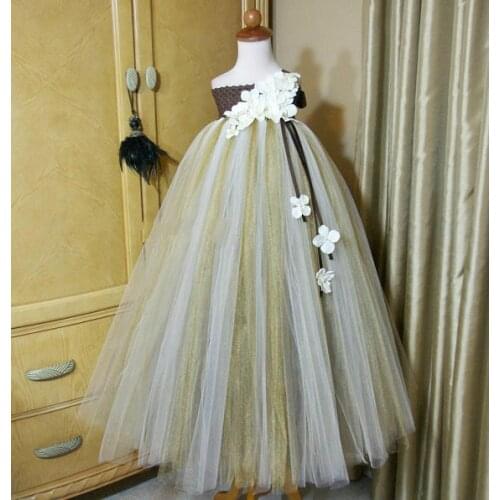 Girls Flower Petals Tutu Dress Kids Tulle Dress Long Ball Gown with Ribbon Straps Children Birthday Party Costume Princess Dress