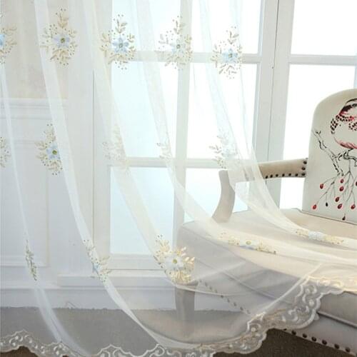 Pink Floral Sheer Curtain for Living Room Sliding Glass Door Embroidery Blue Plant Leaf Voile Window Treatment Drapes M250C