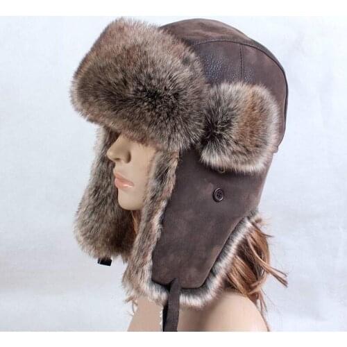 Men Faux Leather Aviator Trapper Hat Cap Flying Fur Warm Ski Ushanka Beanie Soft Black Hat Brown Hat 904-353