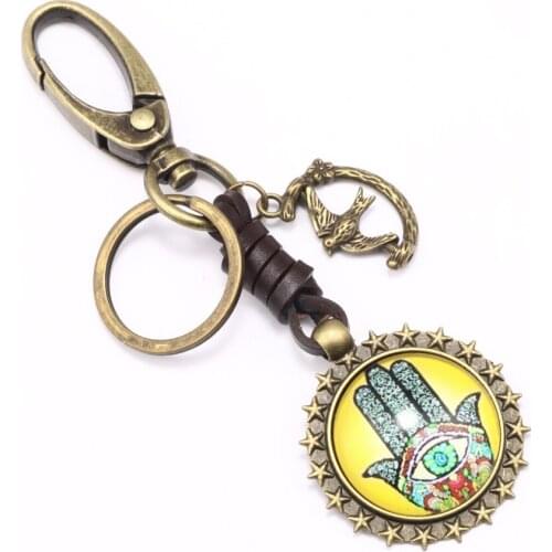 Middle Eastern Fashion Explosion Famatis Hand Totem Glass Keychain Car Keychain Charms Key Ring Alloy Leather Key Accessories