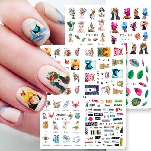 4 in 1 Sexy Girl Nail Stickers Abstract Lady Face Flower Leaf Water Decals for Gel Polish Anime Letters Manicure Foils SAI-12
