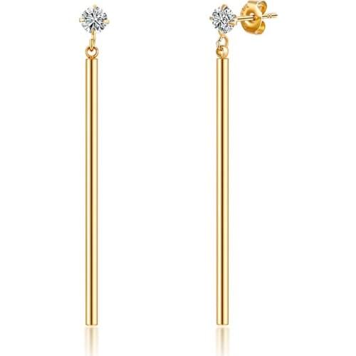 Thin Long Bar Earrings Stainless Steel Cubic Zirconia Stone Dangle Earrings Gold Filled Minimal Everyday Jewelry