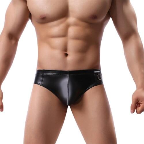 Mini Boxers Black Nylon Sexy Male PU Faux Leather Underwear Boxers Shorts Sheathy Cool Male Gay Underwear