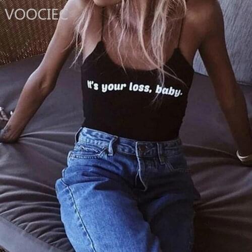 VOOCIEC 2020 Women Strappy Cotton Letter Print Tank Tops Vest Summer Sexy Short Crop Tops Camis Tees Tops Ladies
