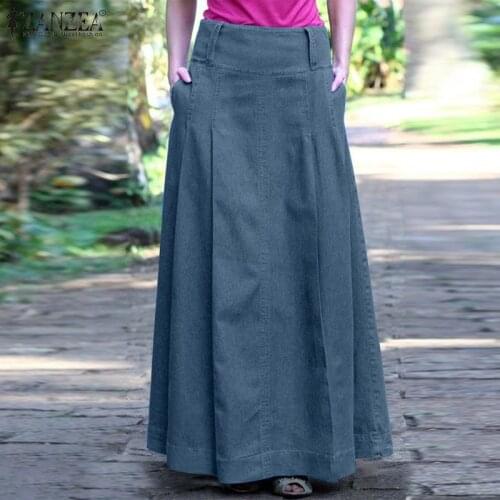 ZANZEA Women Vintage Denim Blue Long Skirts Summer High Waist Party A-lien Skirt Faldas Saia Femme Robe Solid Maxi Vestido Jupe