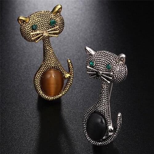 Vintage Opal Cat Eye Brooch Pins For Women Wedding Party Bijoux Gold-Color Cute Animal Broches European Collar Clips