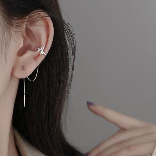925 Sterling Silver Rhinestone Long Ear Clip Female Unique Design Fashion Ear Cuff Jewelry Vintage Chain Earings Accessories