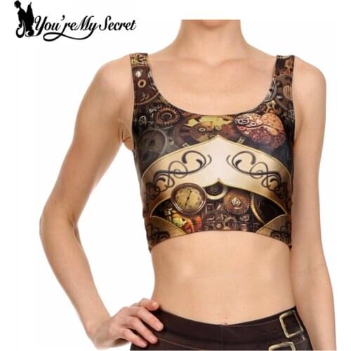 [You're My Secret] New Steampunk 3D Digital Print Woman Cropped Crop Top Sexy Fitness Tops Sleeveless Mechanical Gear women top