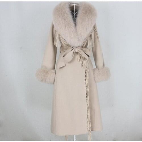 MENINA BONITA X-long Tassel Cashmere Wool Blends Real Fur Coat Belt Winter Jacket Women Natural Fox Fur Collar Cuffs Streetwear