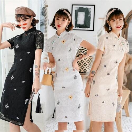 Elegant dress Women Qipao Sexy Embroidery Slim Lace Cheongsam New Vintage Classic Vestidos Plus Size Traditional Chinese Dress