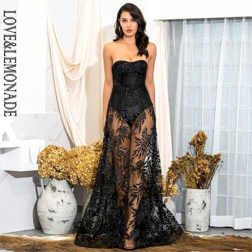 LOVE&LEMONADE Sexy Black Off-Shoulder Tube Top Leaf Pattern Glitter Material Puff Maxi Dress LM81971-1