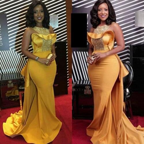 Gold O Neck Satin Mermaid Formal Evening Dresses 2021 Elegant Dubai African Nigerian Crystals Beaded Prom Dress Celebrity Gowns