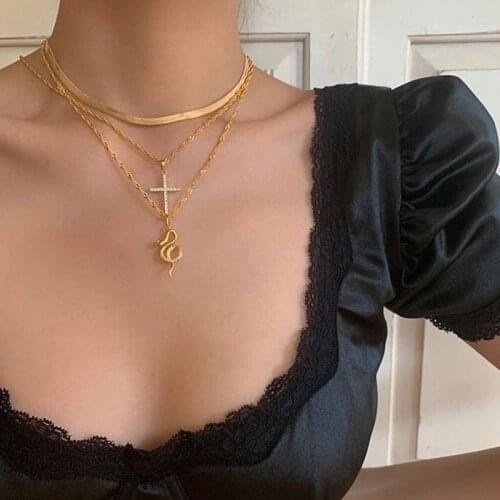3 Pcs/Set Fashion Gold Crystal Cross Snake Pendant Necklace for Women Vintage Snake Chain Choker Necklace Party Jewelry Gifts