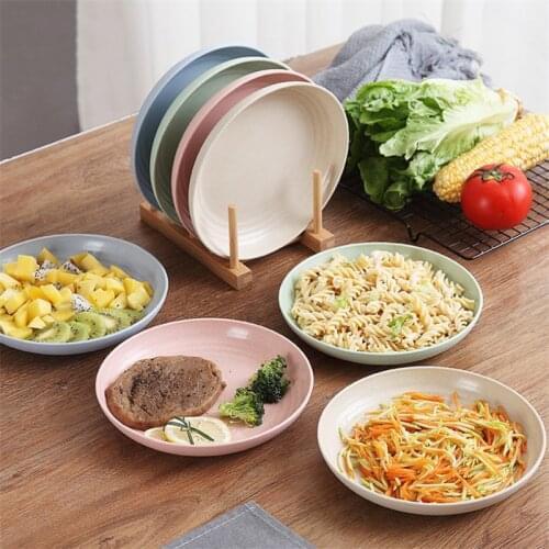 4Pcs/Set Eco-Friendly Solid Color Wheat Straw Dinner Plate Snack Dish Food Tray Round Dessert Fruit Plate Kitchen Tableware