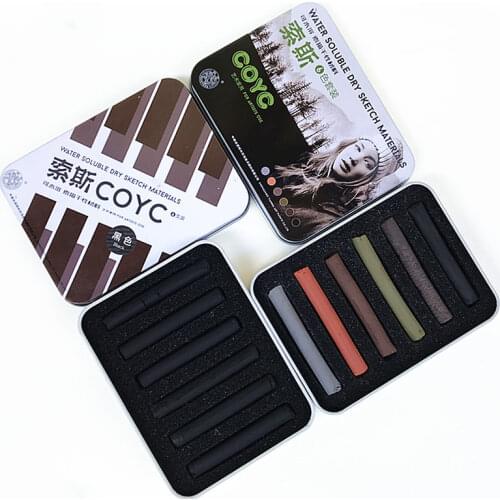 6pcs Iron Box Professional Sketch Charcoal Stick Dry Material Soluble Toner Sketch Charcoal Artist Art Crayons Painting Supplies