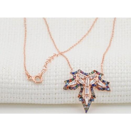 925 sterling Silver Baguette Cubic Zirconia Leaf With Icon Lady Necklace