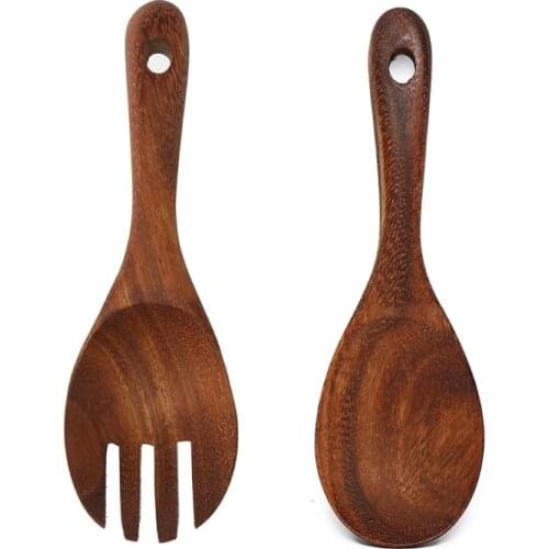 8.7 Inch Acacia Wooden Salad Servers Rice Spoon Fork with Long Handles Dinner Mixing Cooking Utensils Kitchen Cookware Cutlery