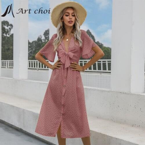 Women French Polka Dot Print Long Dress Summer Skirt Cross Belt V-Neck Elagant Ladies Party Sexy Hollow Out Bowknot Vestido