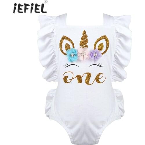 Cotton Baby Girl Clothes Summer Kids ONE Letter Ruffle Romper Sleeveless Jumpsuit Playsuit For Newborn Baby First 1st Birthday