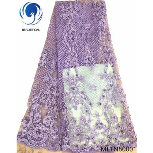BEAUTIFICAL lace nigerian fabrics Top sale tulle lace embroidery beads fabric for dress lace sequins fabric 5yards ML1N800