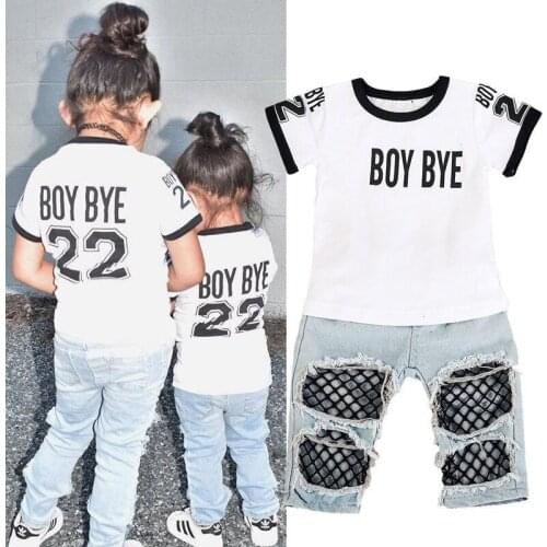 12M-5Y Summer Baby Girl Clothes Sets Toddler T-shirt Tops KIds Mesh Hole Denim Pants Kid 2Pcs Outfits Childrens Sets