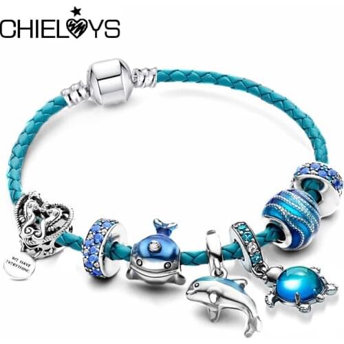 Summer Style Dolphin Tortoise Beads Bracelets With Blue Leather Chain Charm Bracelet Bangles For Women Girlfriend Jewelry Gift