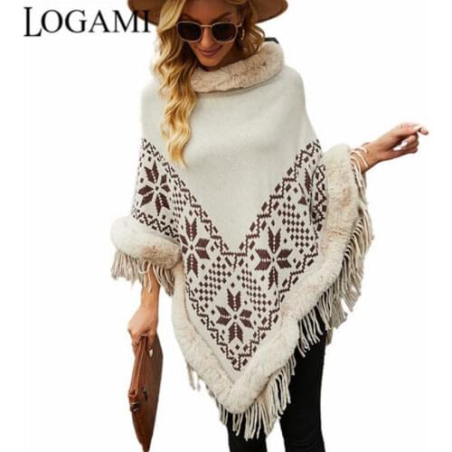 LOGAMI Fur Collar Winter Shawls and Wraps Snow Knit Christmas Ponchos and Capes Fringe Oversized Womens Batwing Sleeve Pullovers