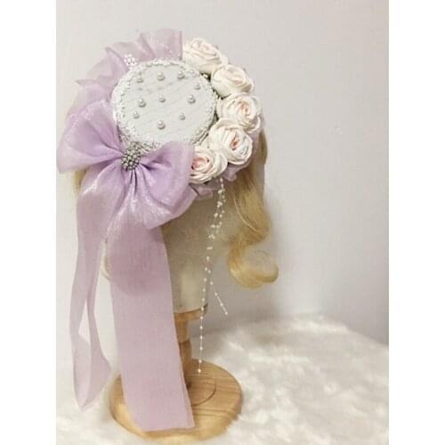 Sweet Lolita Pearl Beaded Mini Lace Top Hat with Rose Flower Ribbon Bowknot Kawaii Headdress Cosplay Hair Accessories