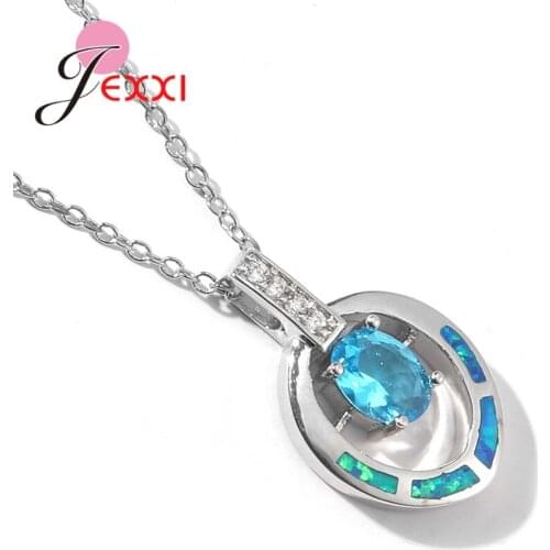 Fashion Elegant Teardrop Crystal Blue Fire Opal 925 Sterling Silver Necklace Chain Women Jewelry Gifts Women Girl