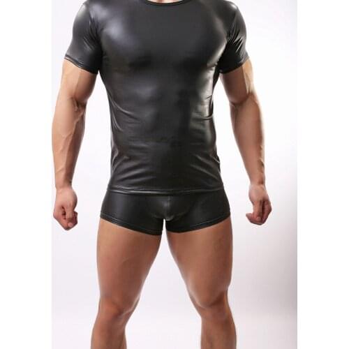 Mens PU Leather Bodysuit Shirt Boxer Underwear Sets Fitness Wet Short Stage Wear Tight Platform Bodysuit Clothes Black T shirt