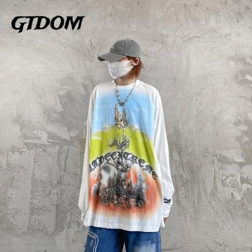 GTDOM Men 2021 Autumn New Loose Casual Cotton T-shirts Hip Hop High Street Digital Printing O-Neck Long Sleeve Tees and Tops
