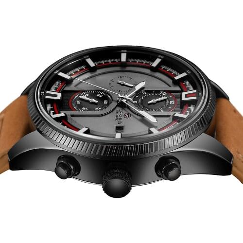 FORSINING Men Sport Watch Multifunctional Mechanical Auto Day Date 12-Hour Sub Dial Luminous Male Clock Leather Band Wristwatch